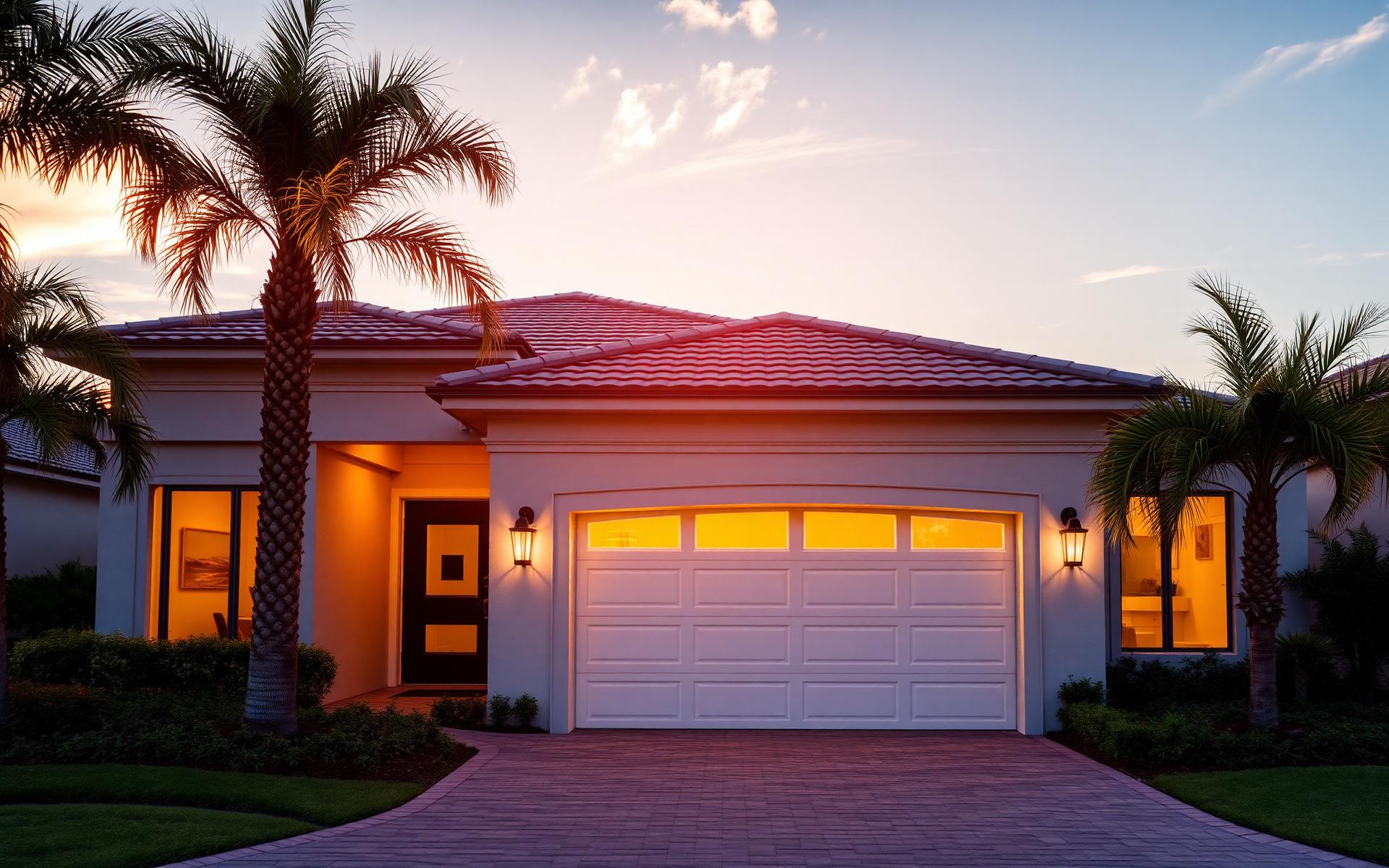 Luxury Central Florida home with a new white garage door at sunset