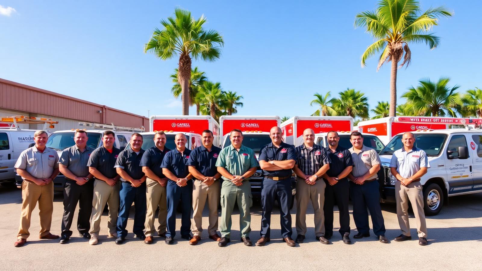 Sunshine Garage Pros team of 15 technicians with service trucks in Orlando